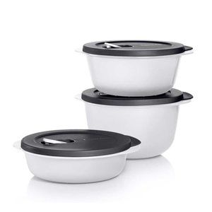 Tupperware Crystalwave 3pc Round Set Sheer Bowls w Black Seals New